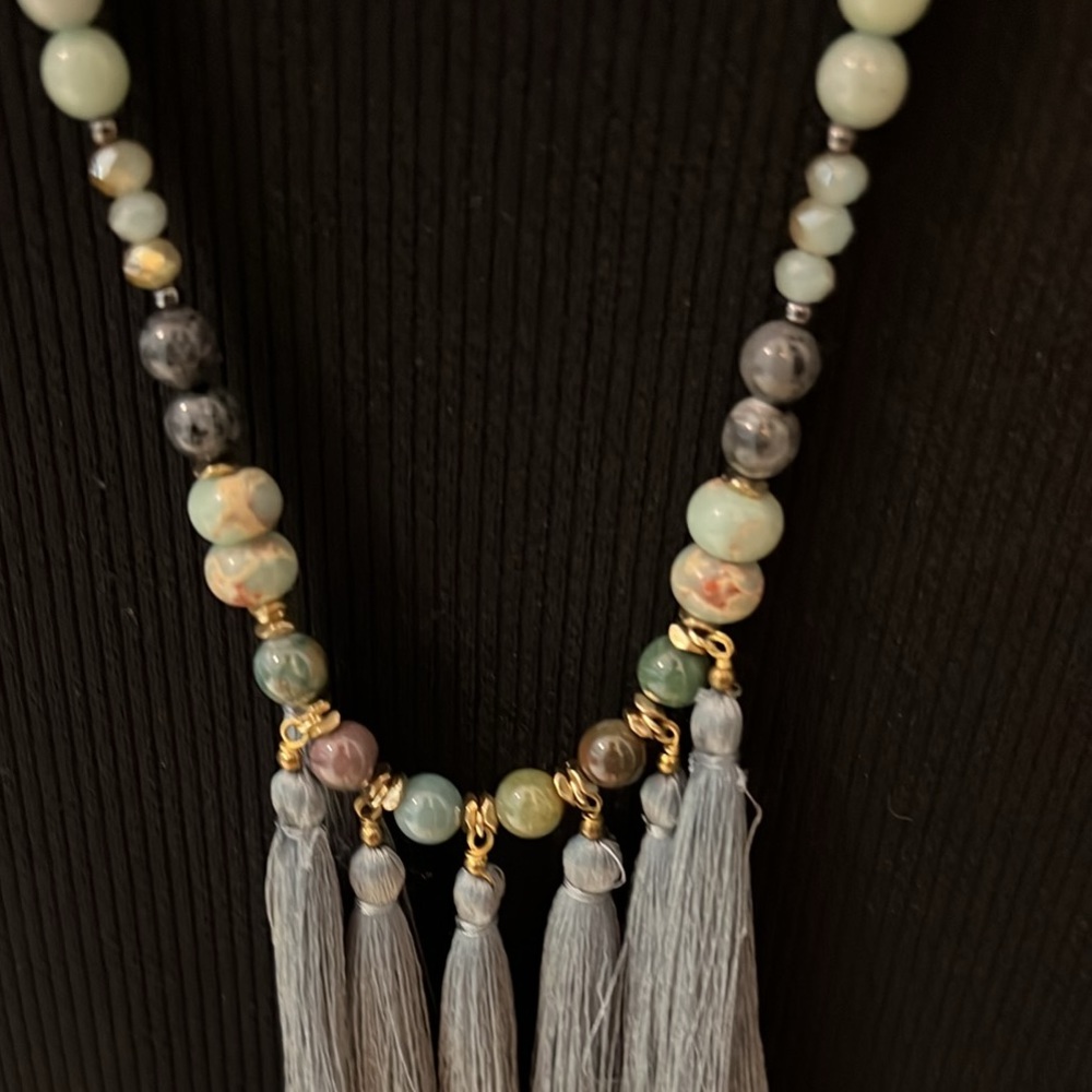Stone beaded necklace with gray tassels from Neiman Marcus